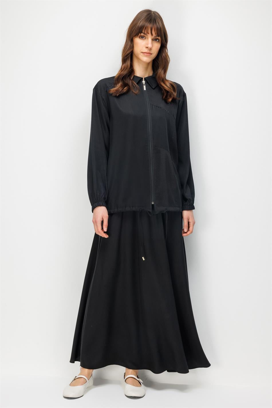 %100 Doğal LyoCELL Maxi Dökümlü Soft Kumaş Step File Garni Detaylı Ceket ve Etek Kombinli TAKIM-Siyah