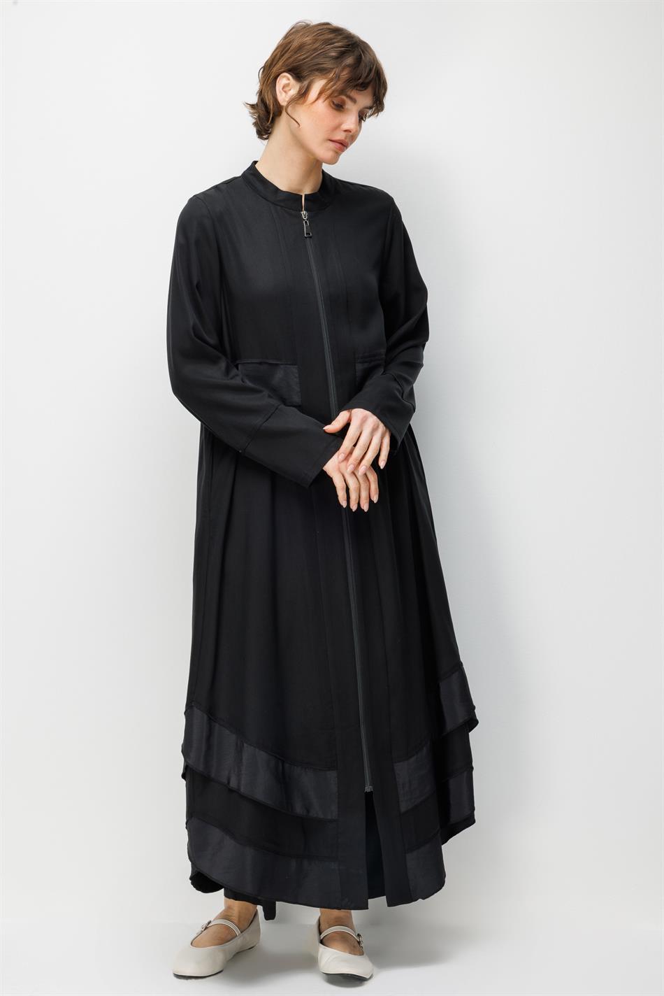 %100 Doğal LyoCELL Maxi Dökümlü Soft Kumaş Aller Bant detaylı Kap Ferace-Siyah