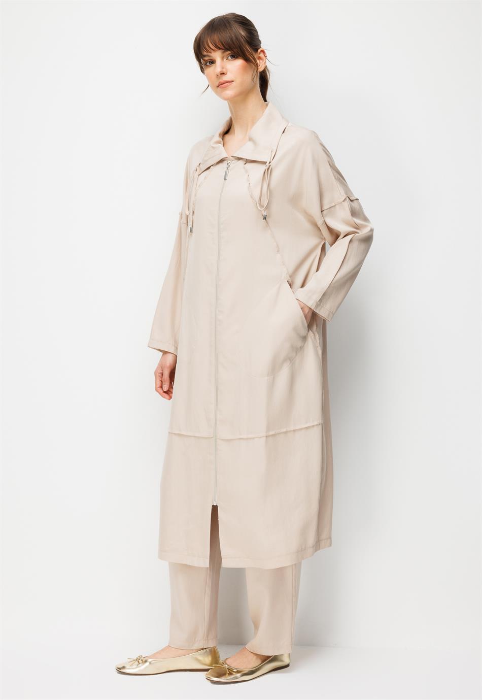 %100 Doğal LyoCELL Maxi Dökümlü Soft Kumaş Özel Dikiş Detaylı Zamansız Kap Ferace-Taş