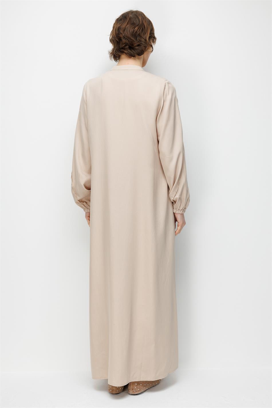 %100 Doğal LyoCELL Maxi Dökümlü Soft Kumaş Aller Ara Diikiş Detaylı Kap Ferace-Taş