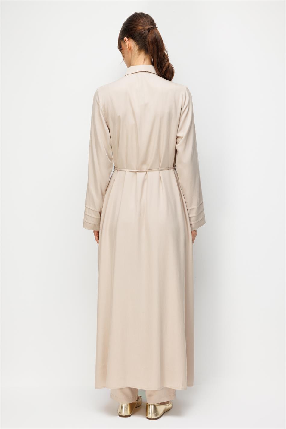 %100 Doğal LyoCELL Maxi Dökümlü Soft Kumaş Kol ve Beden Aller Nervür Detaylı Kap Ferace-Taş