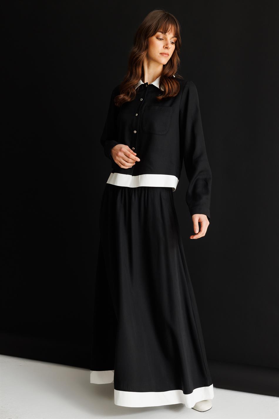 %100 Doğal LyoCELL Maxi Dökümlü Soft Kumaş Summer Garnili Etek Kombinli TAKIM-Siyah