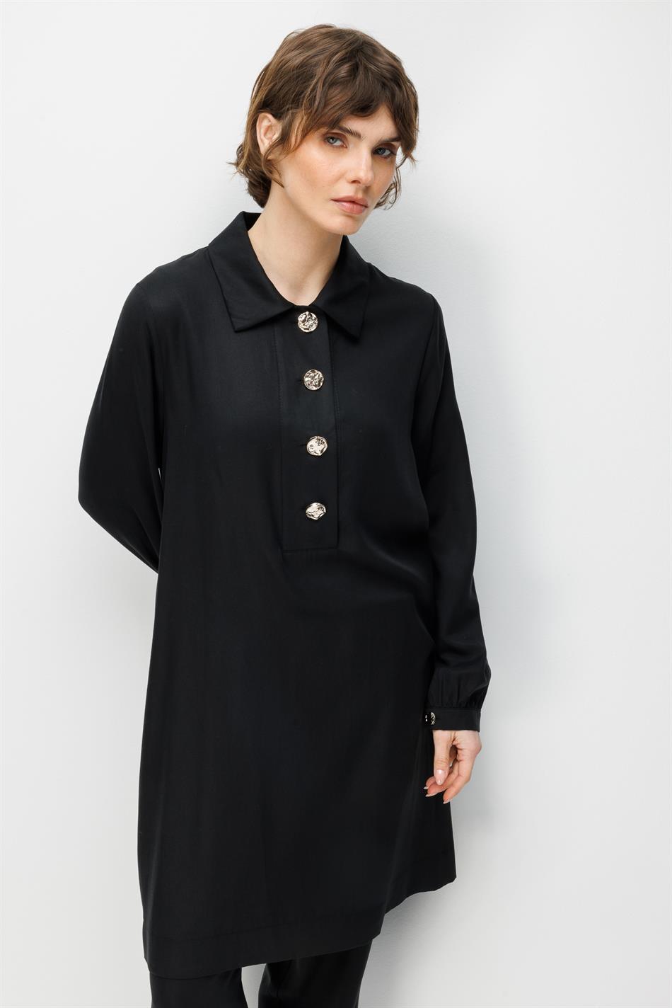 100% natuurlijke LyoCELL maxi-tuniek en broek van zachte, gedrapeerde stof die de heupen bedekt - Zwart