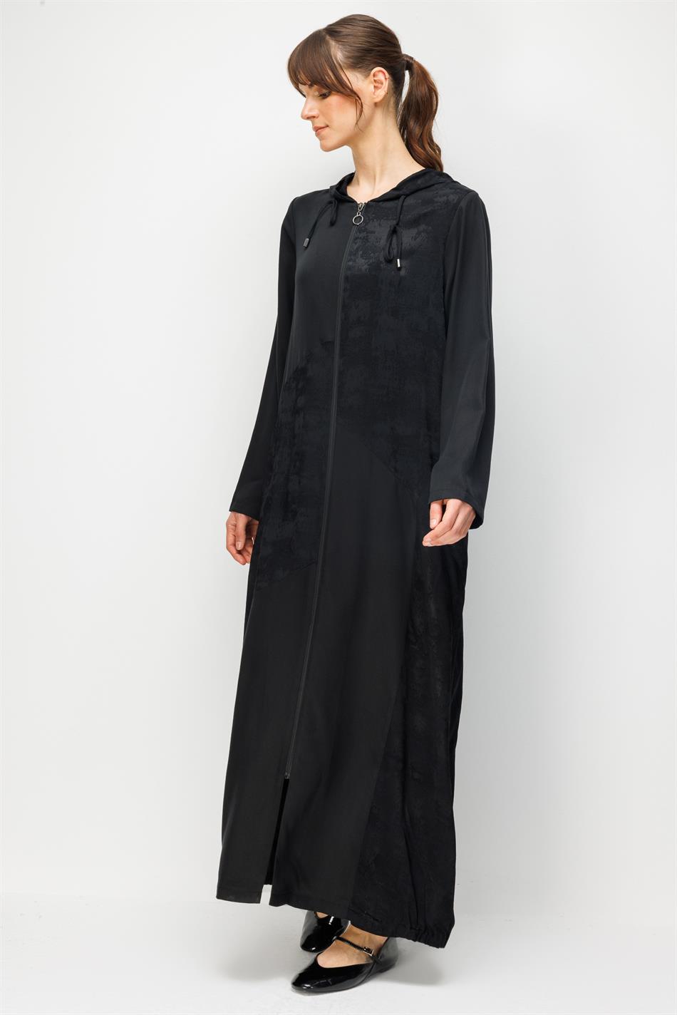 %100 Doğal LyoCELL Maxi Dökümlü Soft Kumaş Desen Geçişli Kap Ferace-Siyah