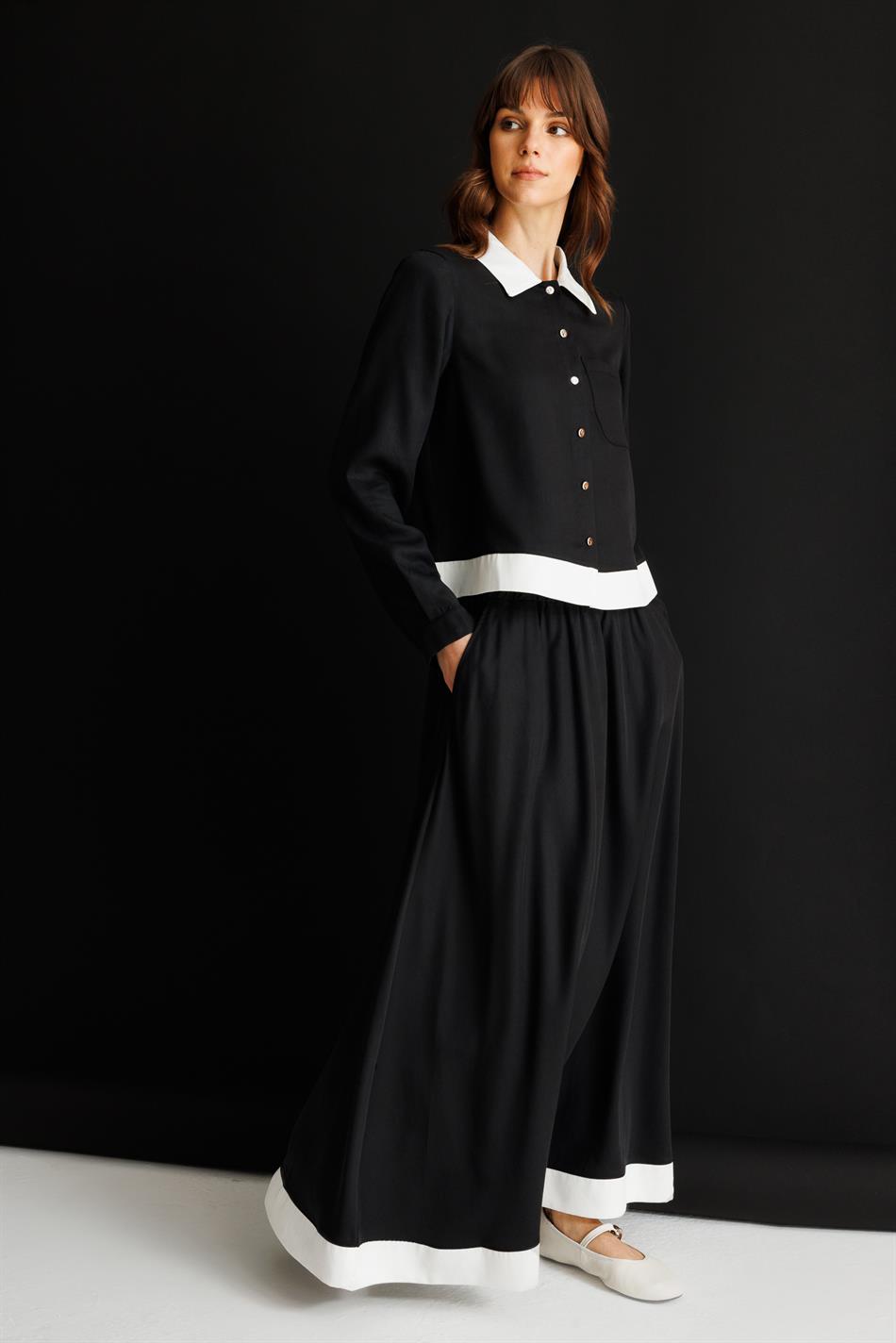 %100 Doğal LyoCELL Maxi Dökümlü Soft Kumaş Summer Garnili Etek Kombinli TAKIM-Siyah