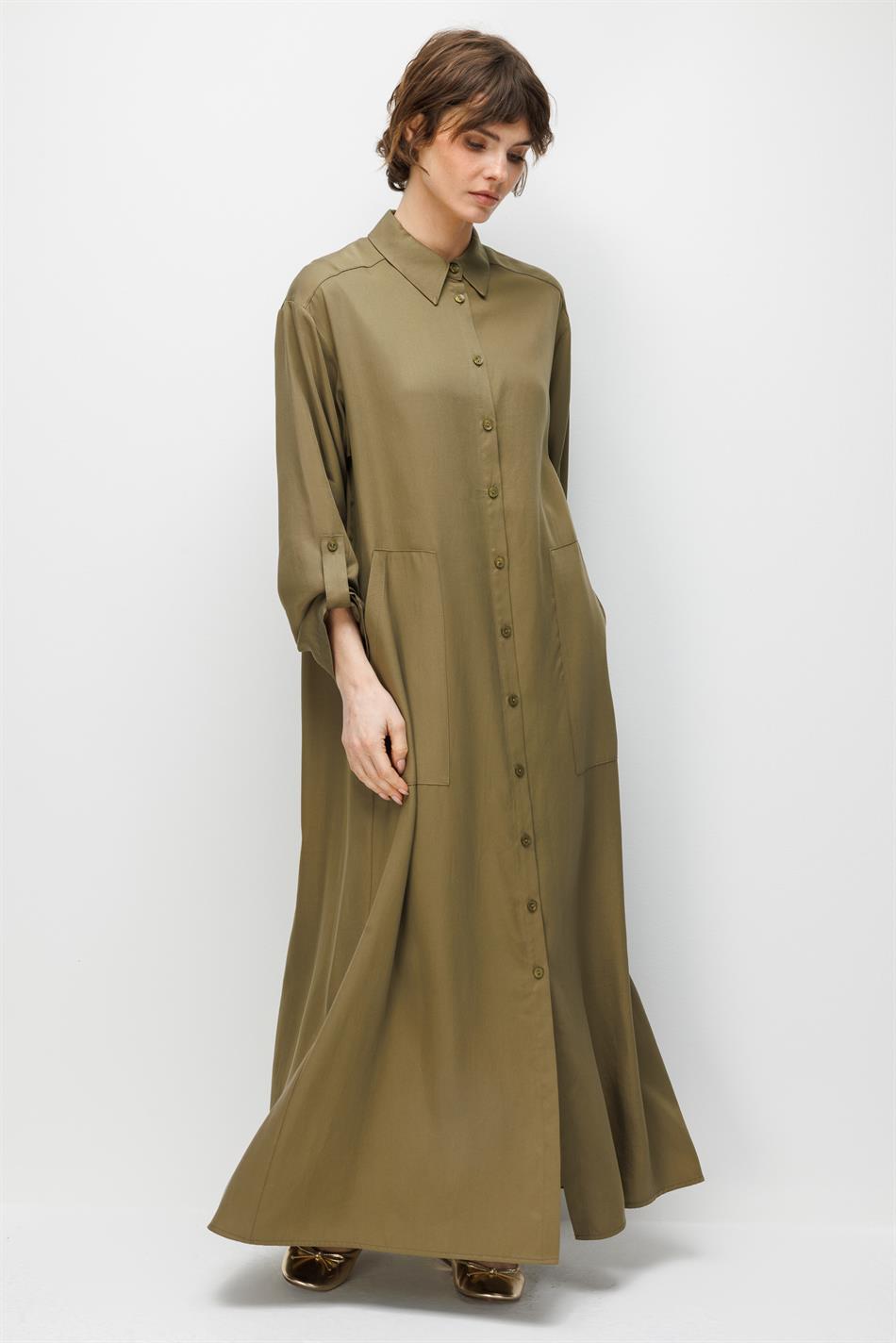 100% natuurlijke LyoCELL maxi gedrapeerde zachte stof, tijdloze sportieve abaya - kaki