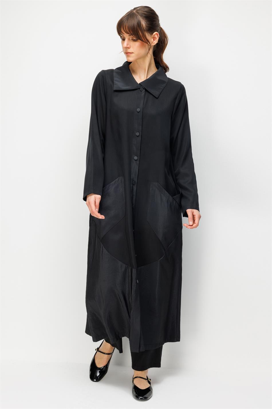 %100 Doğal LyoCELL Maxi Dökümlü Soft Kumaş Garni Kumaşlı Zamansız Kap Ferace-Siyah