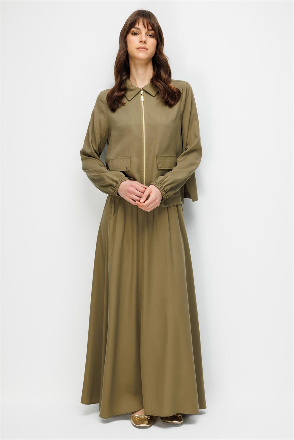 %100 Doğal LyoCELL Maxi Dökümlü Soft Kumaş Özel Ceket ve Etek Kombinli TAKIM-Haki