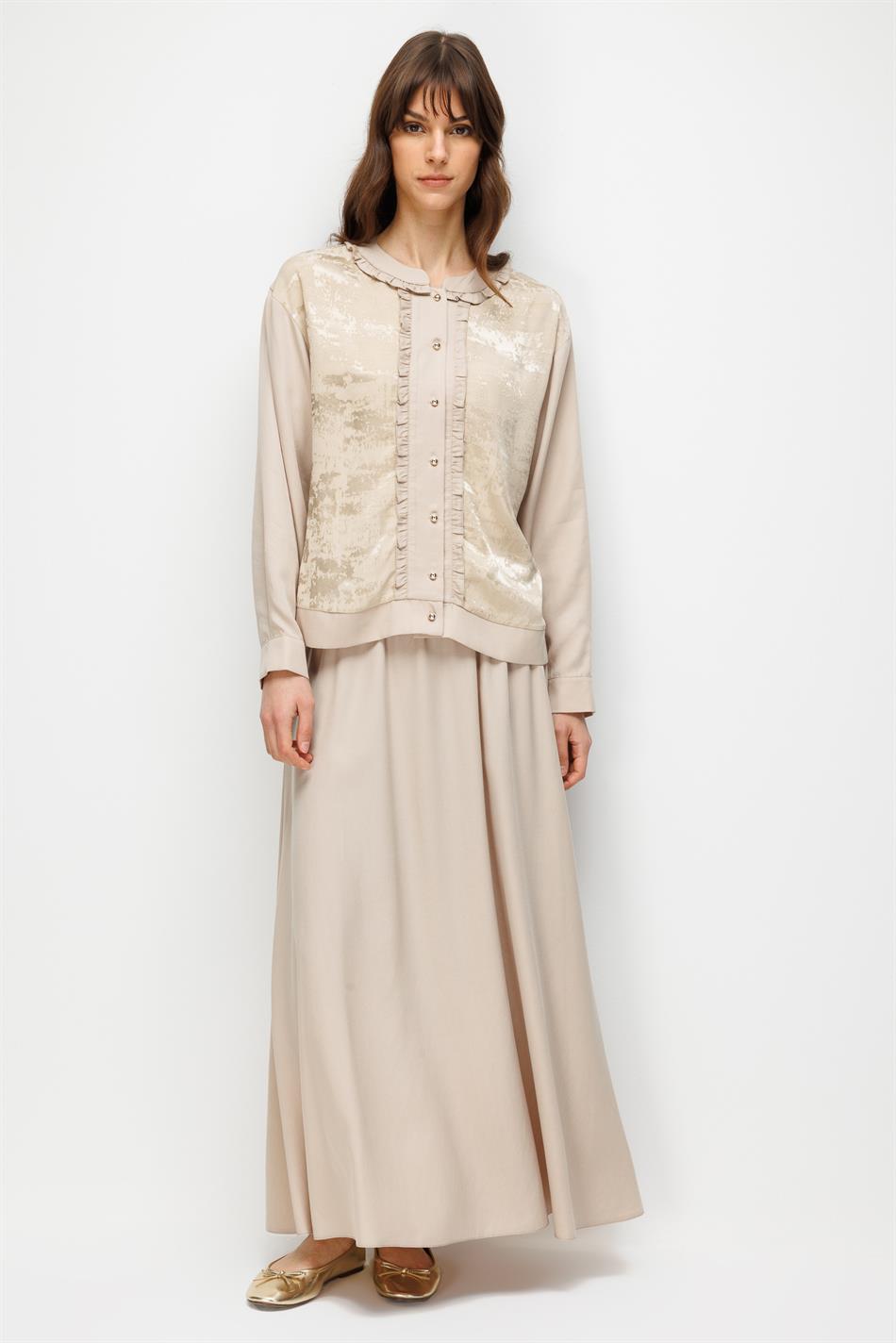 %100 Doğal LyoCELL Maxi Dökümlü Soft Kumaş Etek ve Özel Desen Geçişli Ceket Kombinli TAKIM-Taş