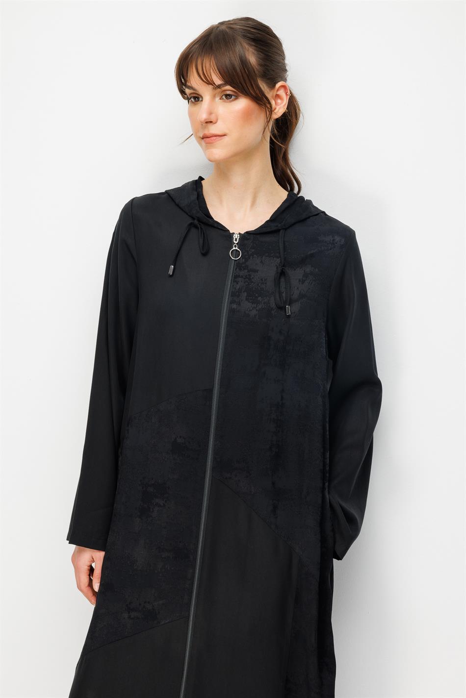 %100 Doğal LyoCELL Maxi Dökümlü Soft Kumaş Desen Geçişli Kap Ferace-Siyah