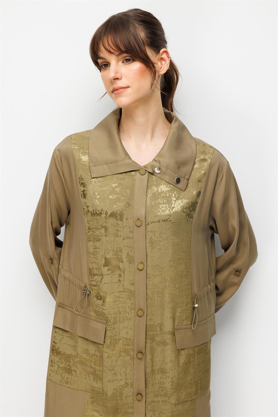 %100 Doğal LyoCELL Maxi Dökümlü Soft Kumaş Desen Geçişli Kap Ferace-Haki