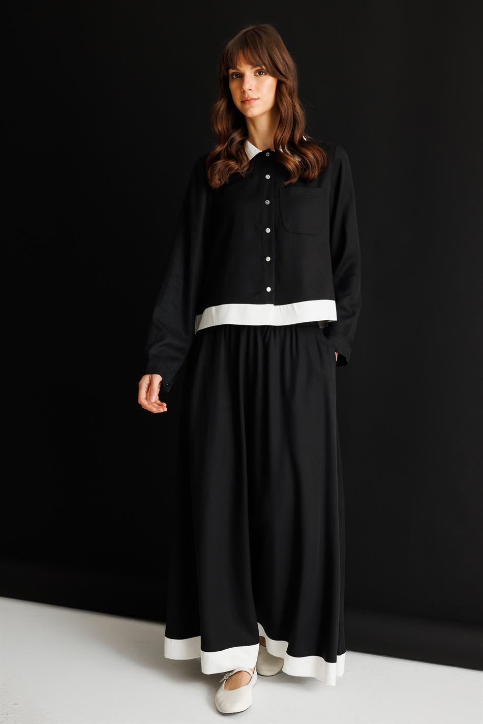 %100 Doğal LyoCELL Maxi Dökümlü Soft Kumaş Summer Garnili Etek Kombinli TAKIM-Siyah