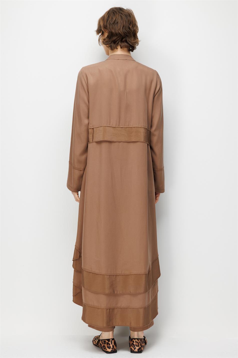 %100 Doğal LyoCELL Maxi Dökümlü Soft Kumaş Aller Bant detaylı Kap Ferace-Kahve