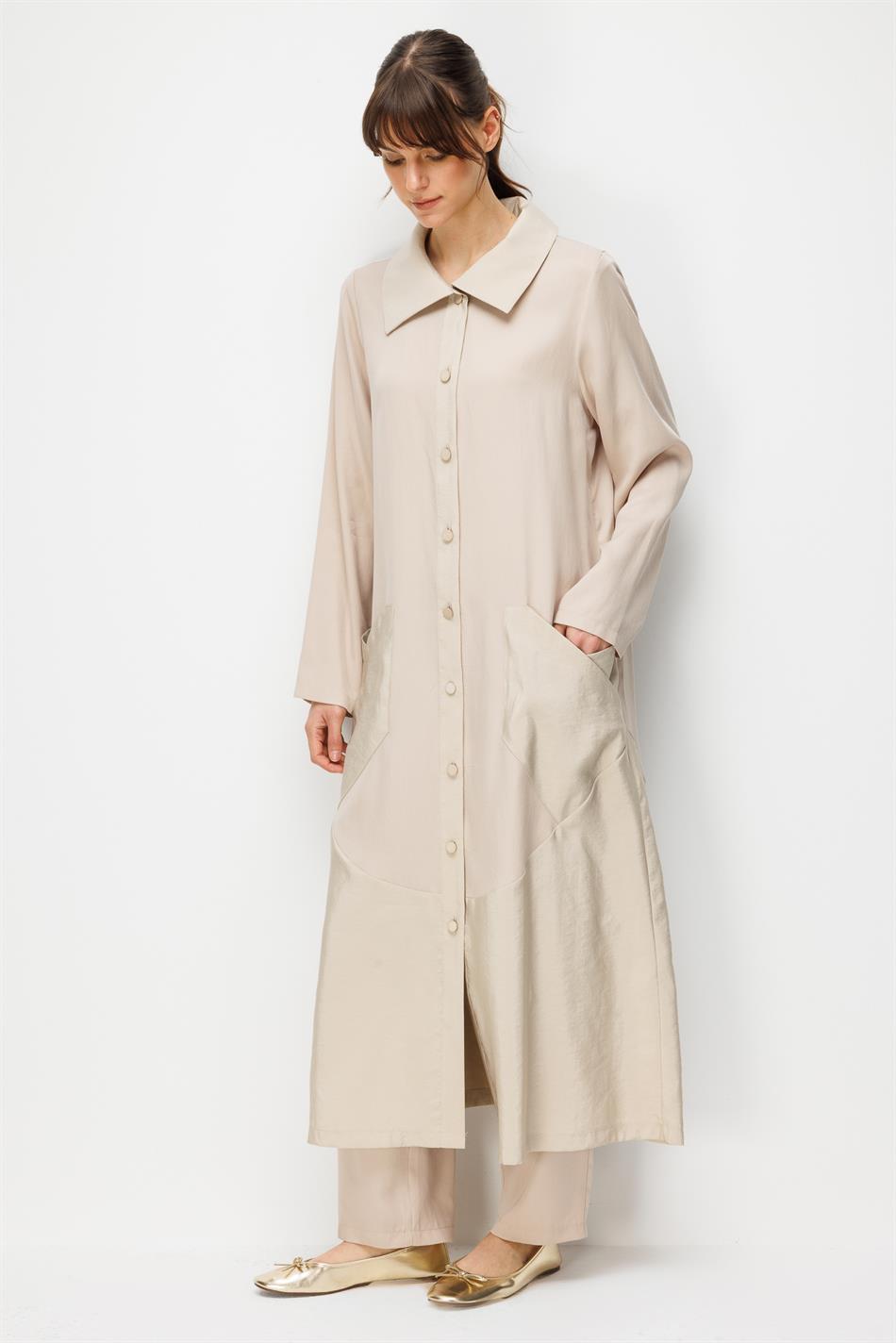 %100 Doğal LyoCELL Maxi Dökümlü Soft Kumaş Garni Kumaşlı Zamansız Kap Ferace-Taş