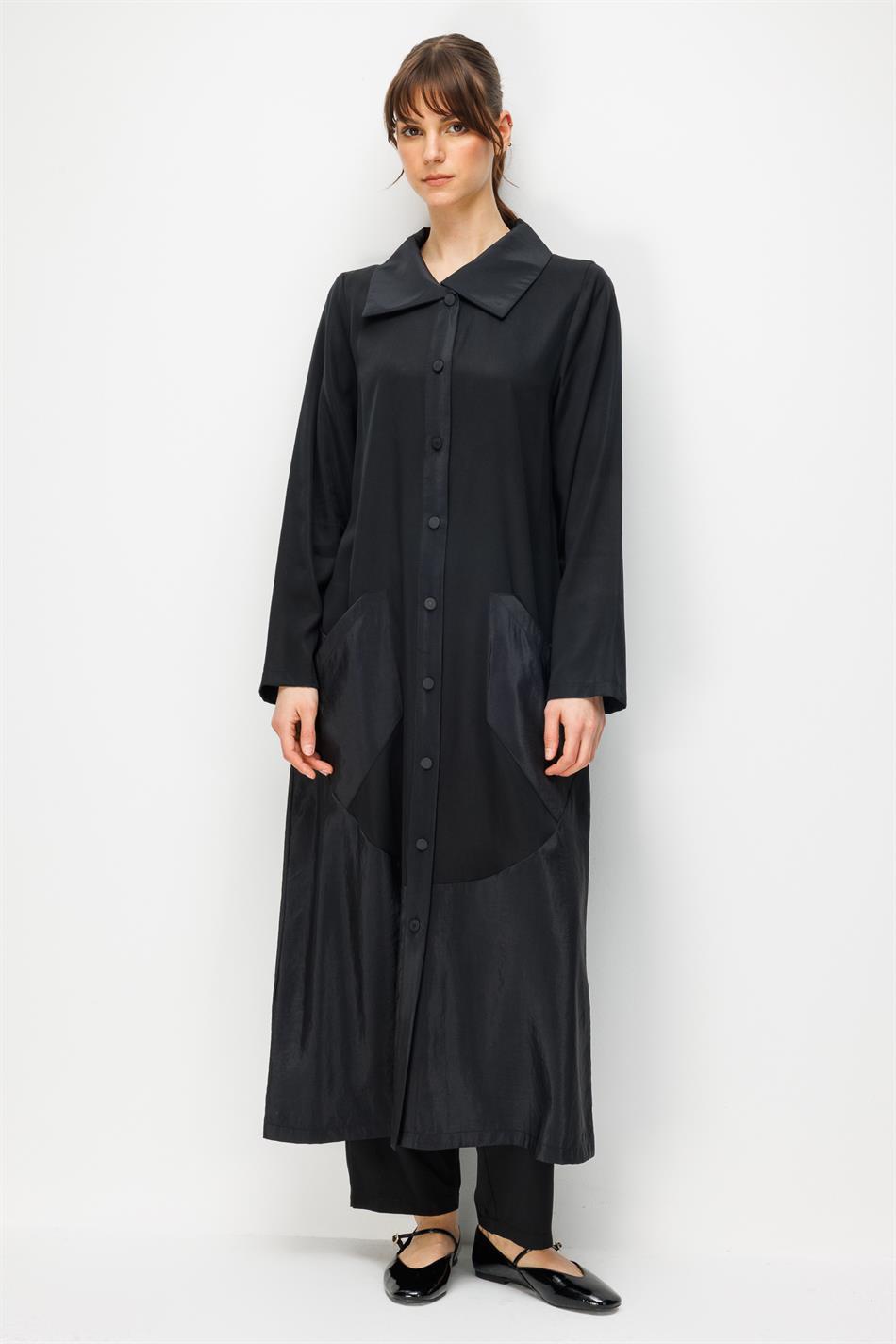 %100 Doğal LyoCELL Maxi Dökümlü Soft Kumaş Garni Kumaşlı Zamansız Kap Ferace-Siyah