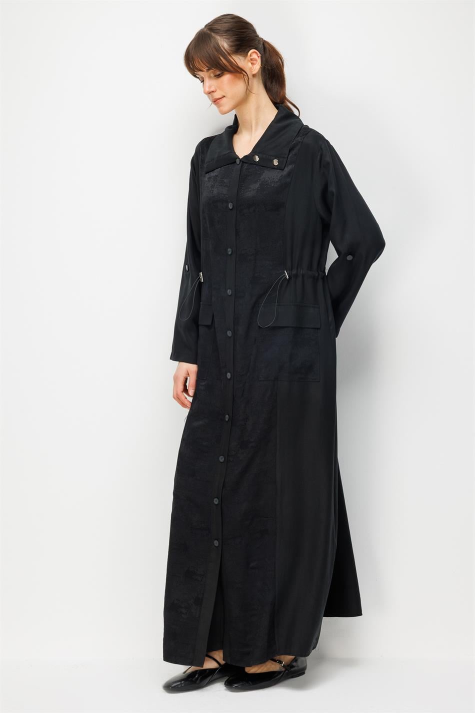 %100 Doğal LyoCELL Maxi Dökümlü Soft Kumaş Desen Geçişli Kap Ferace-Siyah