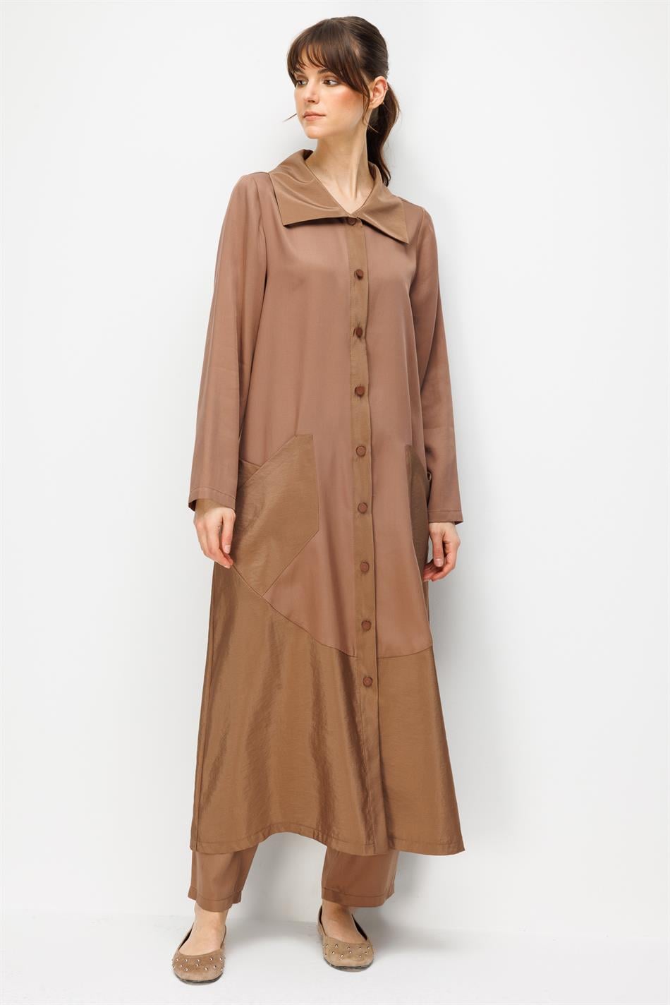 %100 Doğal LyoCELL Maxi Dökümlü Soft Kumaş Garni Kumaşlı Zamansız Kap Ferace-Kahve