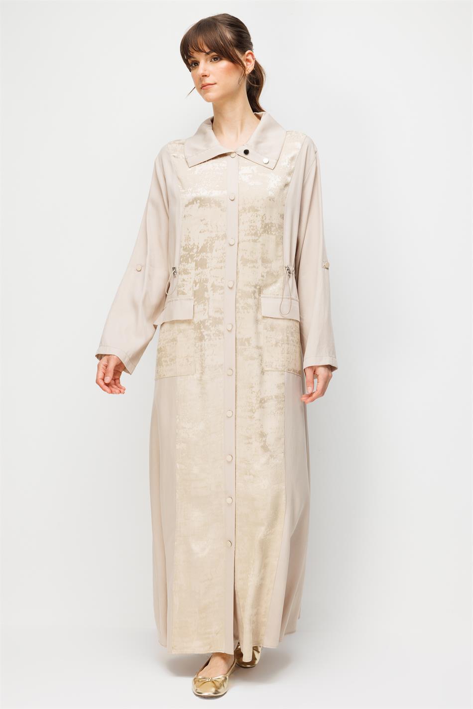 %100 Doğal LyoCELL Maxi Dökümlü Soft Kumaş Desen Geçişli Kap Ferace-Taş