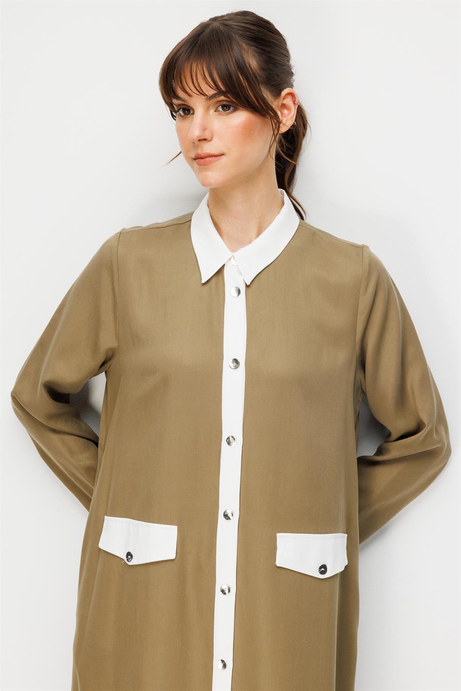 100% natuurlijke LyoCELL maxi-jurk van zachte, gedrapeerde stof met bies - kaki