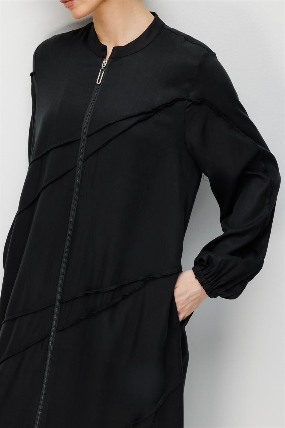 %100 Doğal LyoCELL Maxi Dökümlü Soft Kumaş Aller Ara Diikiş Detaylı Kap Ferace-Siyah