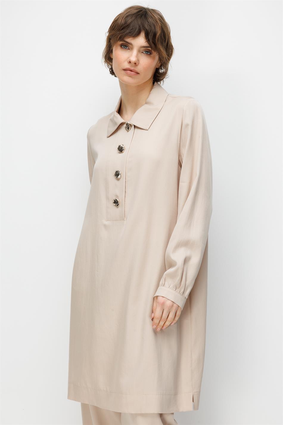 100% natuurlijke LyoCELL maxi-tuniek en broek van zachte, gedrapeerde stof die de heupen bedekt - Steenkleur