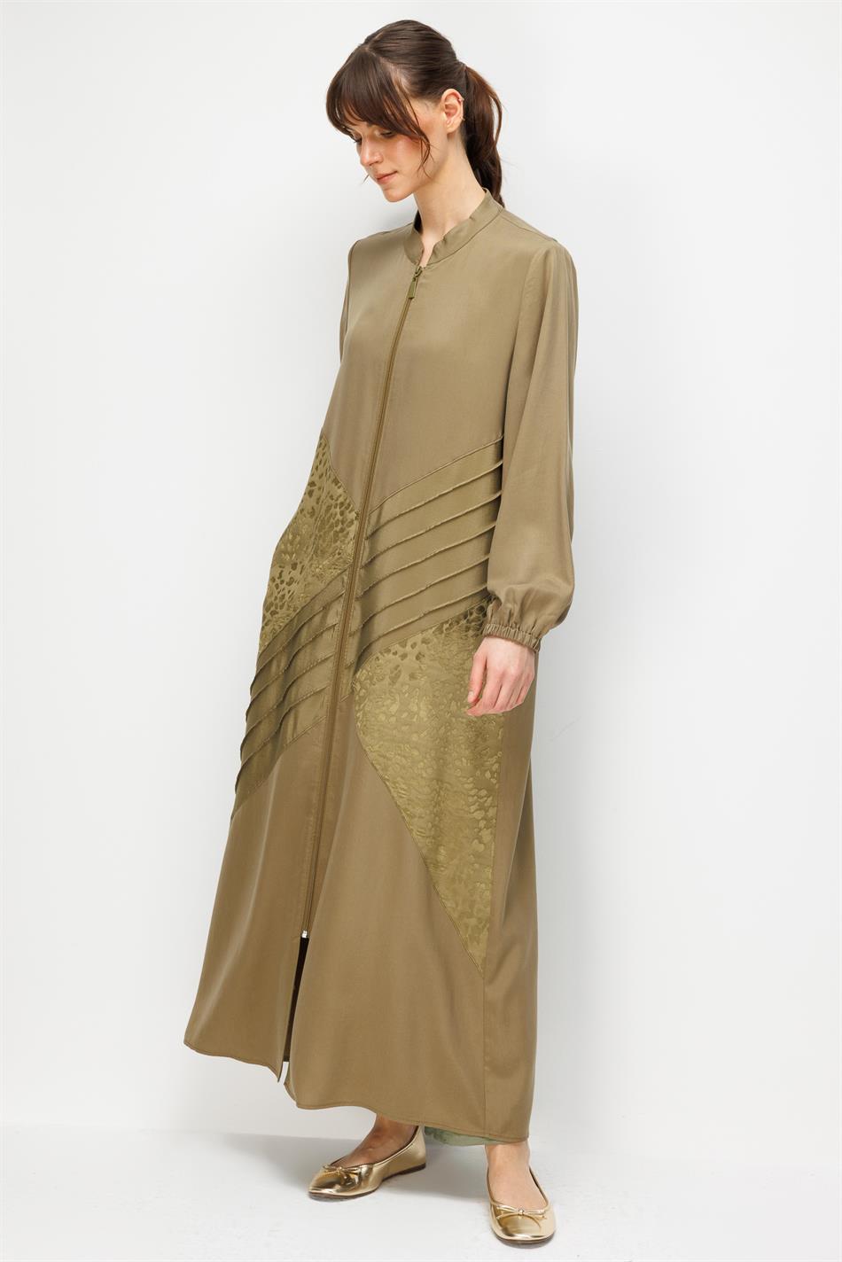 %100 Doğal LyoCELL Maxi Dökümlü Soft Kumaş Garni ve Elişi Nervür Detaylı Ferace-Haki