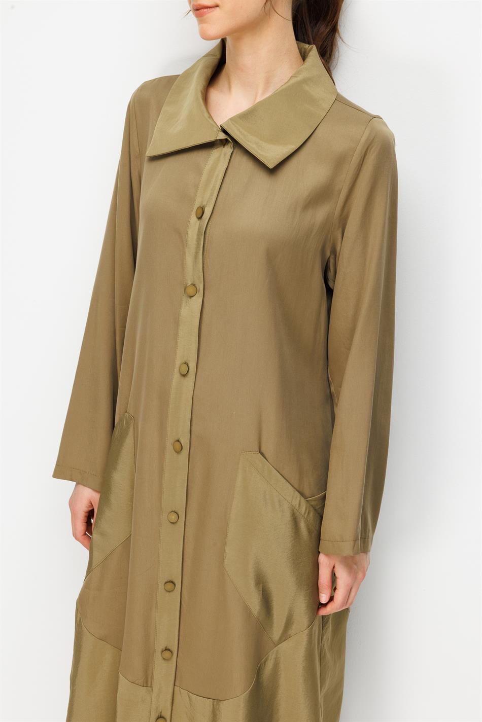 %100 Doğal LyoCELL Maxi Dökümlü Soft Kumaş Garni Kumaşlı Zamansız Kap Ferace-Haki