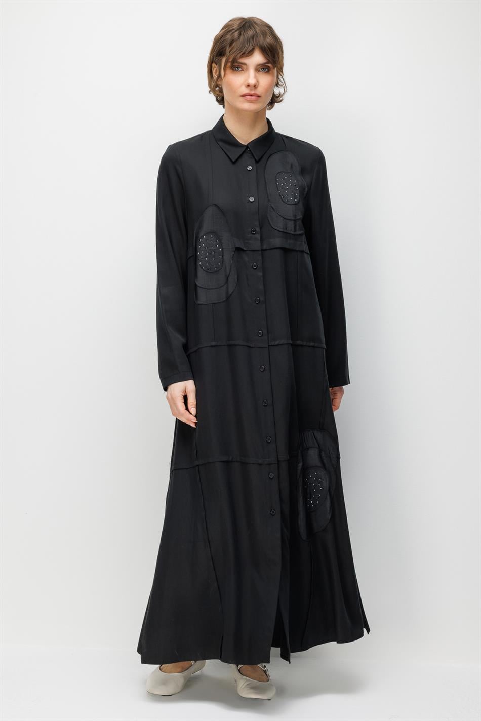 %100 Doğal LyoCELL Maxi Dökümlü Soft Kumaş Elişi Flora İşleme Detaylı Maxi Tunik Ferace-Siyah