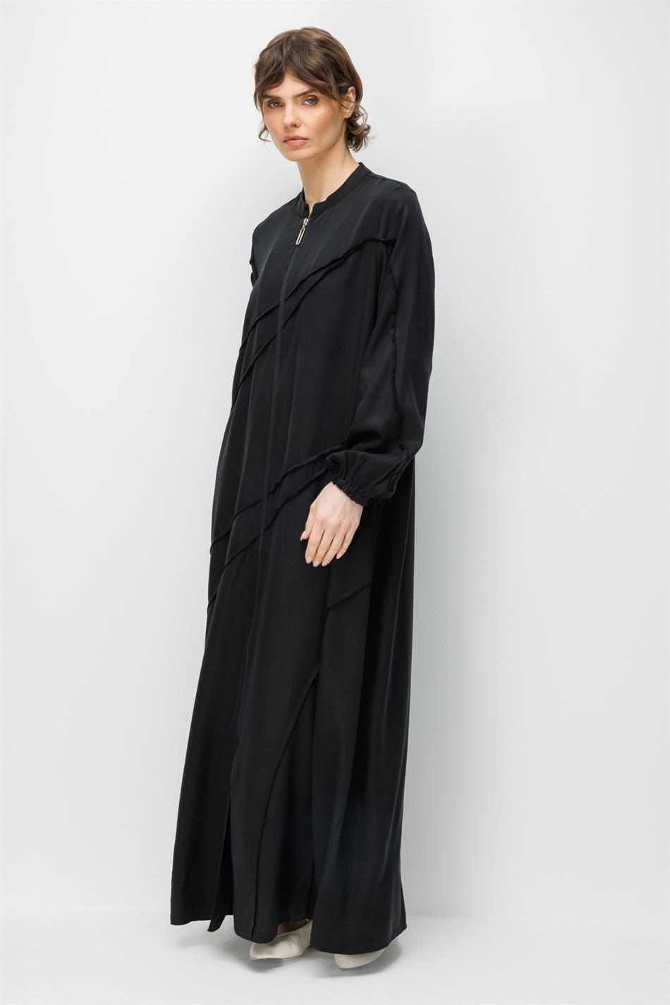 %100 Doğal LyoCELL Maxi Dökümlü Soft Kumaş Aller Ara Diikiş Detaylı Kap Ferace-Siyah