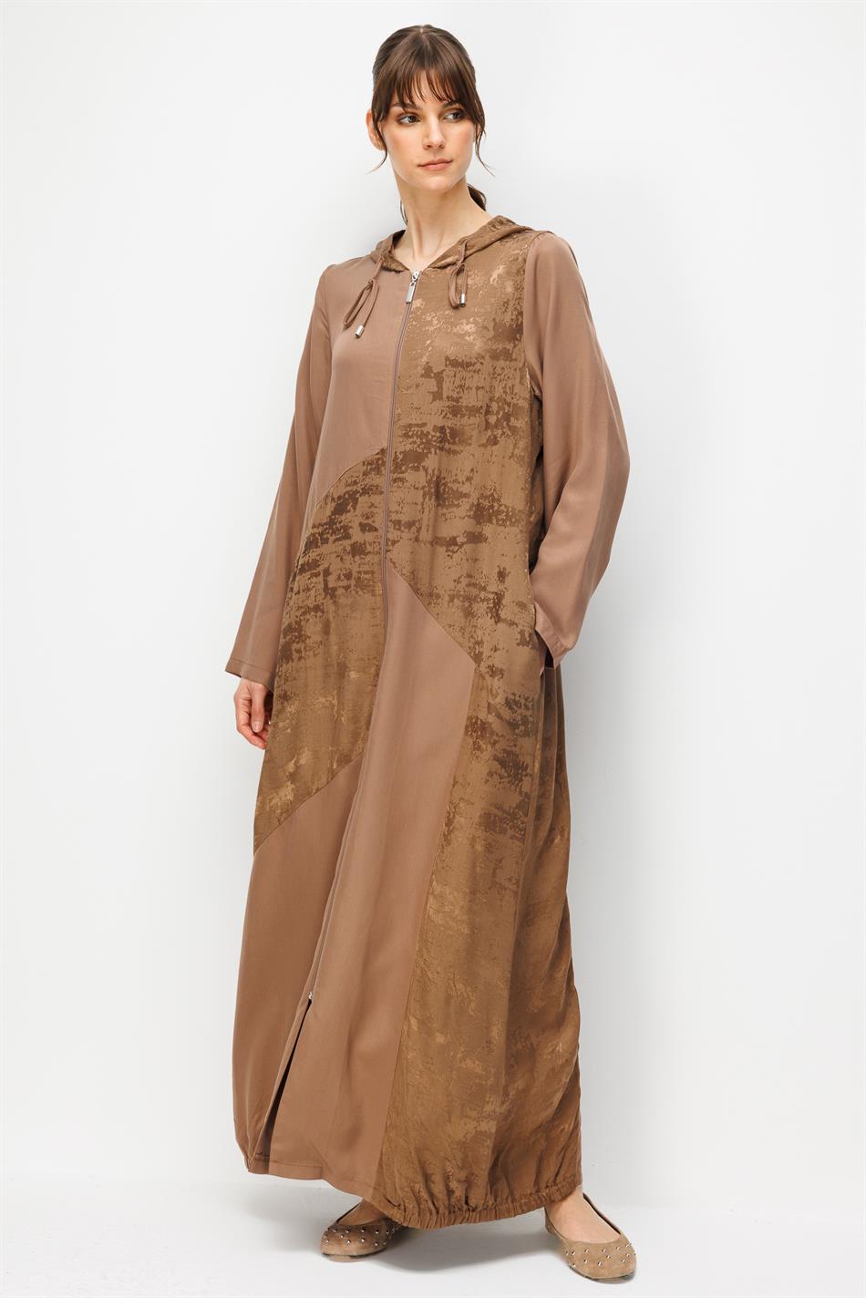 %100 Doğal LyoCELL Maxi Dökümlü Soft Kumaş Desen Geçişli Kap Ferace-Kahve