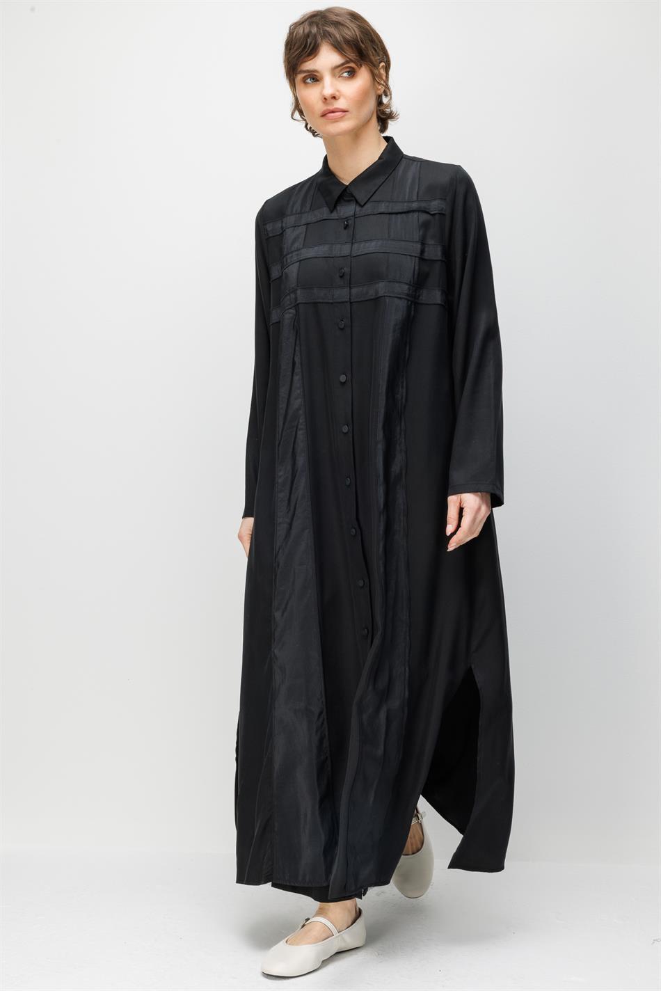 %100 Doğal LyoCELL Maxi Dökümlü Soft Kumaş Poly Cupra Desen İşleme Spor Kap Ferace-Siyah