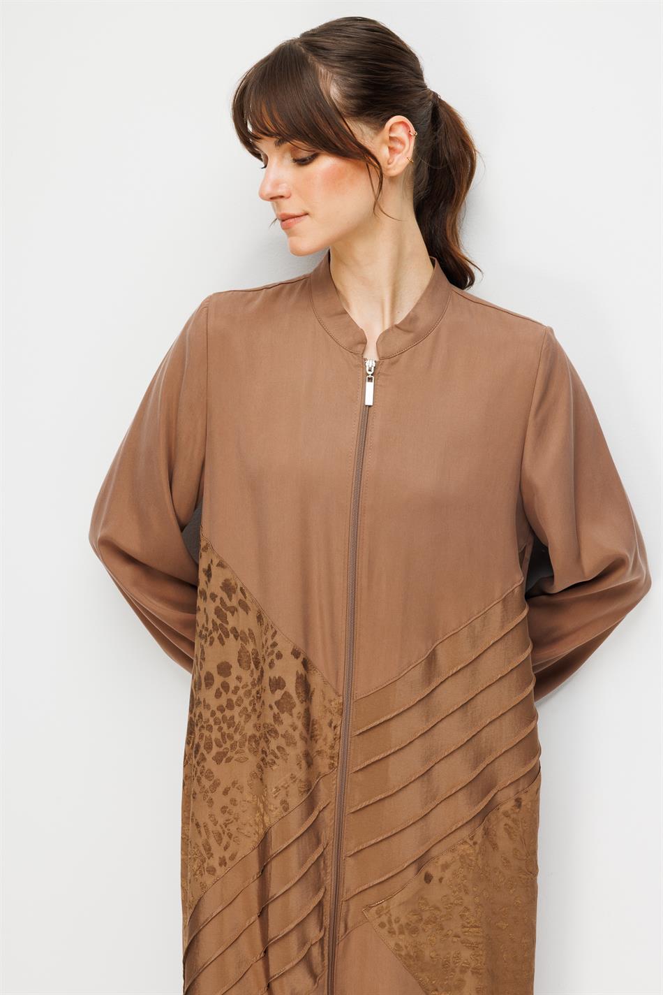 %100 Doğal LyoCELL Maxi Dökümlü Soft Kumaş Garni ve Elişi Nervür Detaylı Ferace-Kahve