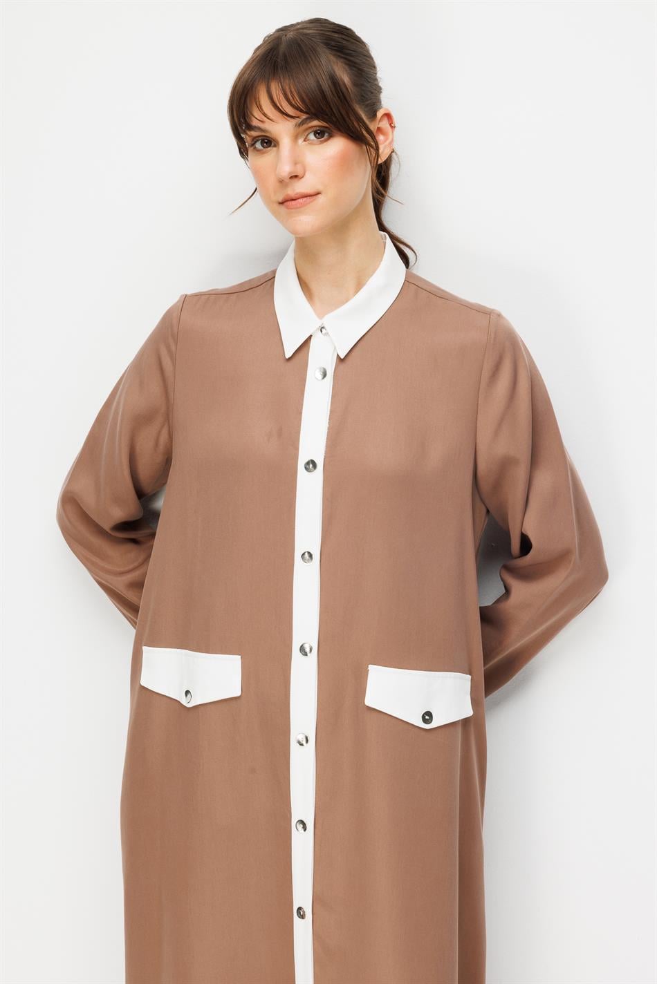 %100 Doğal LyoCELL Maxi Dökümlü Soft Kumaş Summer Garnili Maxi Elbise Ferace-Kahve