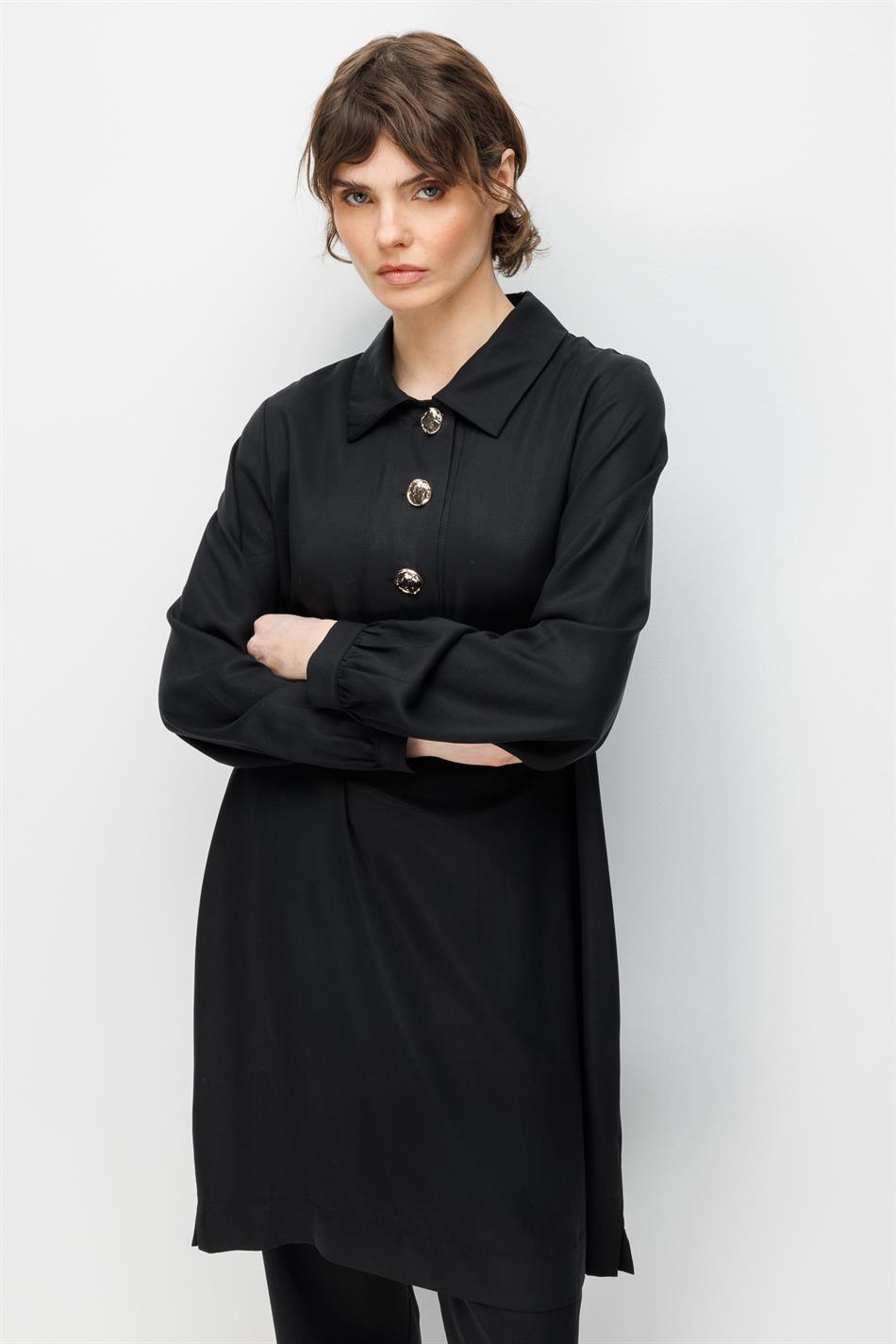 100% natuurlijke LyoCELL maxi-tuniek en broek van zachte, gedrapeerde stof die de heupen bedekt - Zwart