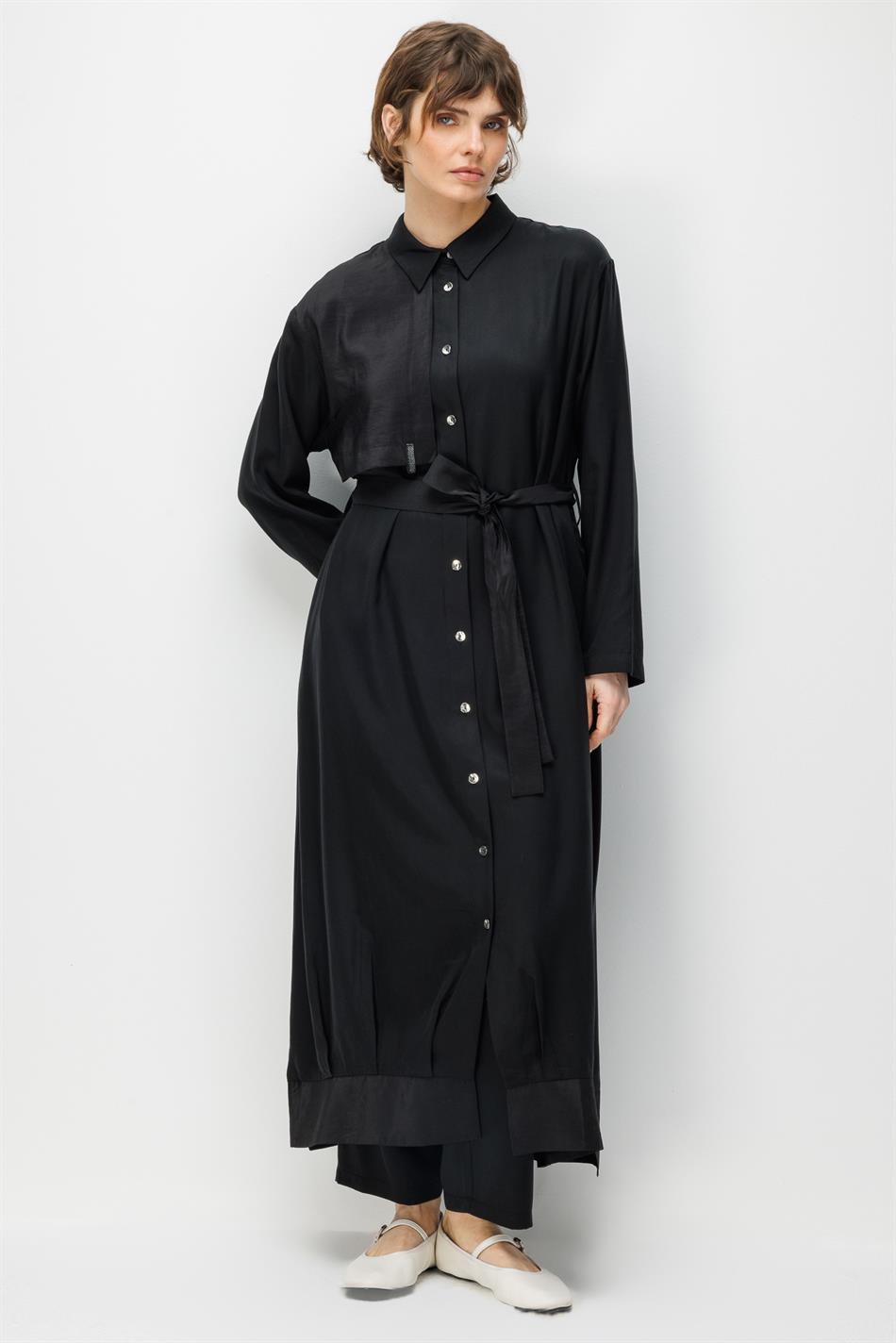 100% natuurlijke LyoCELL Maxi gedrapeerde zachte stof, hypoallergene windbreaker met gekleurde bies, sportjas/abaya - zwart
