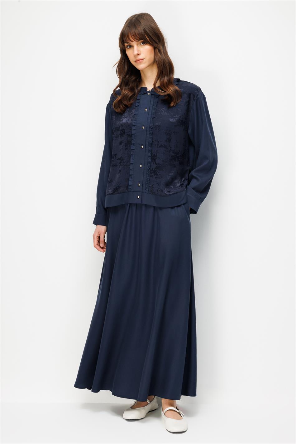 %100 Doğal LyoCELL Maxi Dökümlü Soft Kumaş Etek ve Özel Desen Geçişli Ceket Kombinli TAKIM-Laci