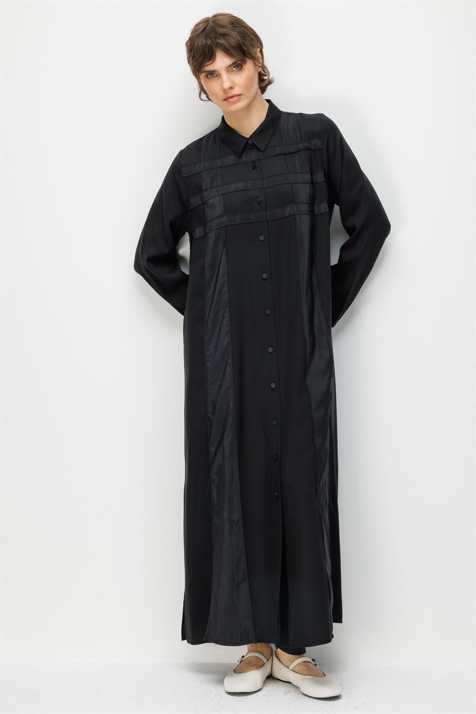 %100 Doğal LyoCELL Maxi Dökümlü Soft Kumaş Poly Cupra Desen İşleme Spor Kap Ferace-Siyah