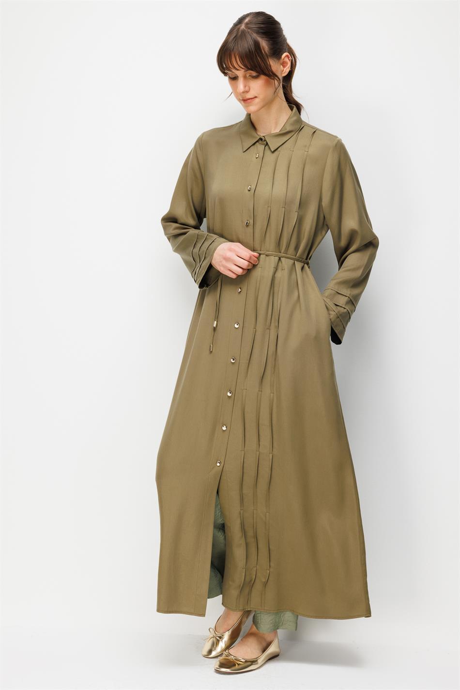 %100 Doğal LyoCELL Maxi Dökümlü Soft Kumaş Kol ve Beden Aller Nervür Detaylı Kap Ferace-Haki