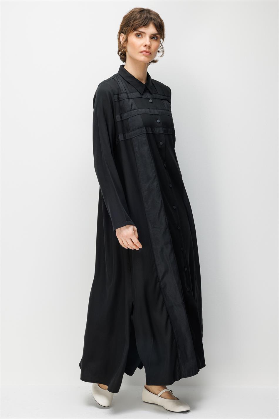 %100 Doğal LyoCELL Maxi Dökümlü Soft Kumaş Poly Cupra Desen İşleme Spor Kap Ferace-Siyah