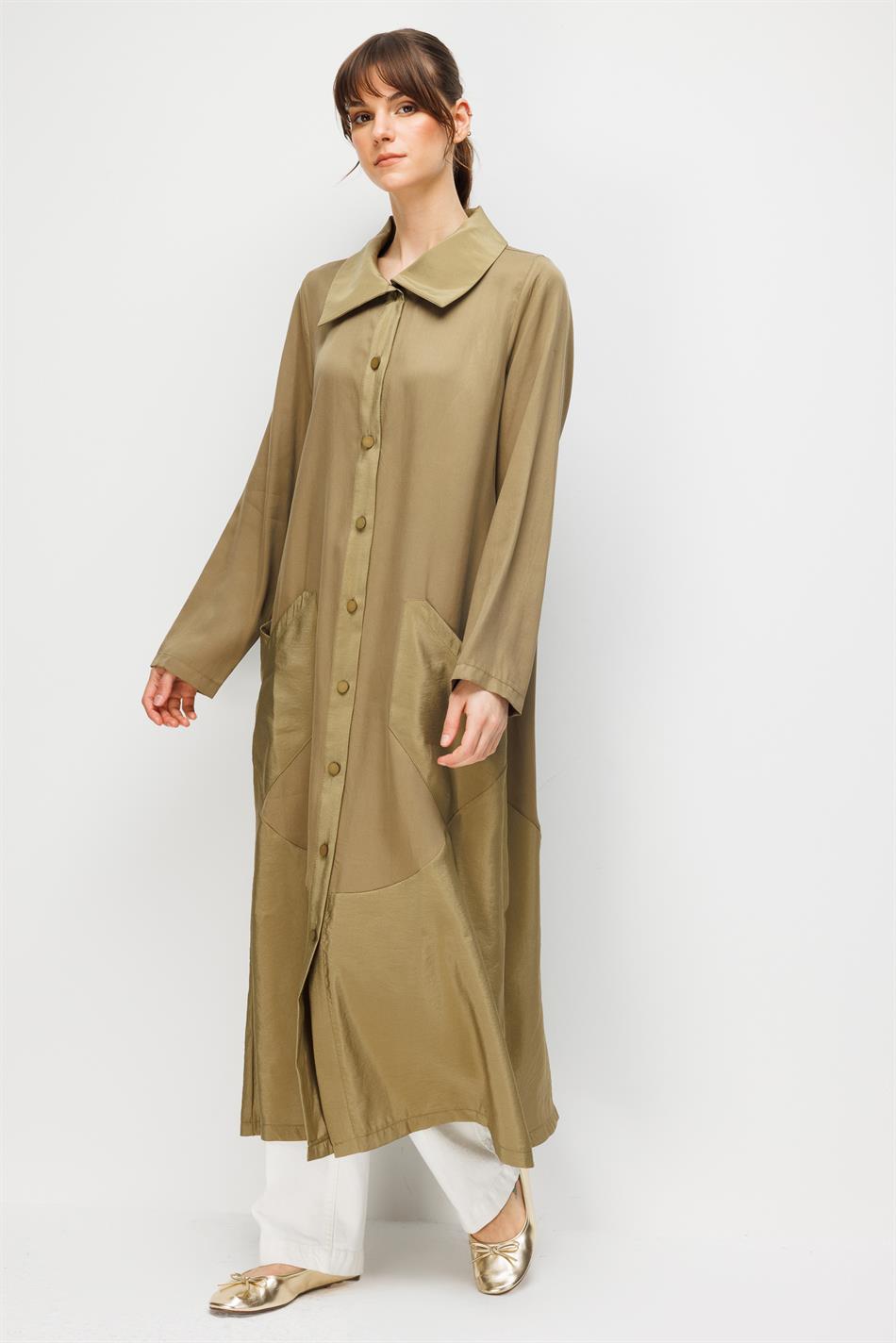 %100 Doğal LyoCELL Maxi Dökümlü Soft Kumaş Garni Kumaşlı Zamansız Kap Ferace-Haki