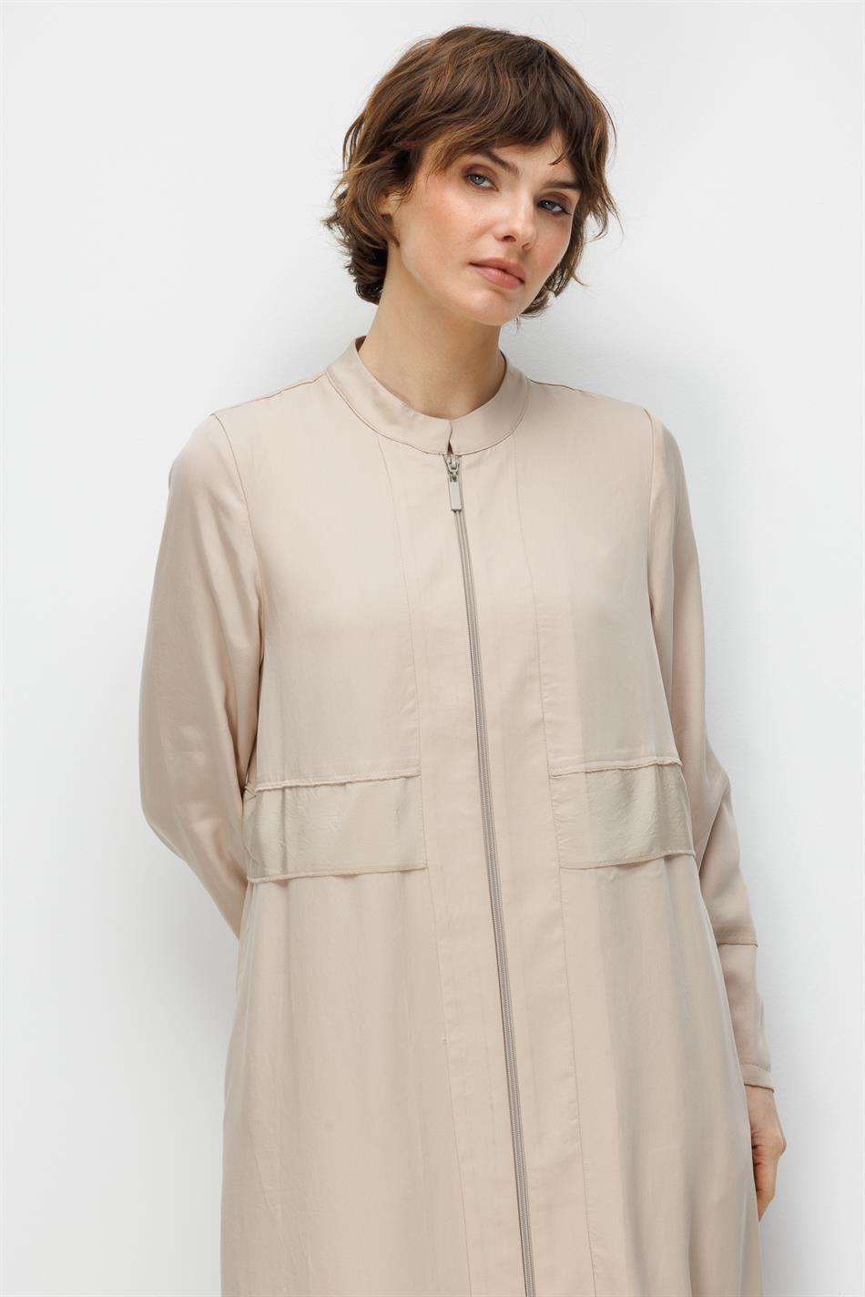 %100 Doğal LyoCELL Maxi Dökümlü Soft Kumaş Aller Bant detaylı Kap Ferace-Taş