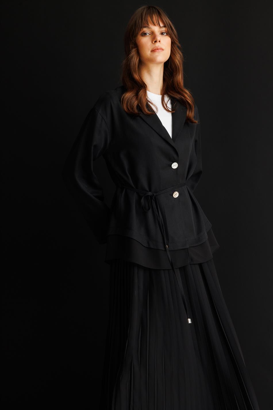 %100 Doğal LyoCELL Maxi Dökümlü Soft Kumaş Ceket ve Şifon Pilise Etek Kombinli TAKIM-Siyah