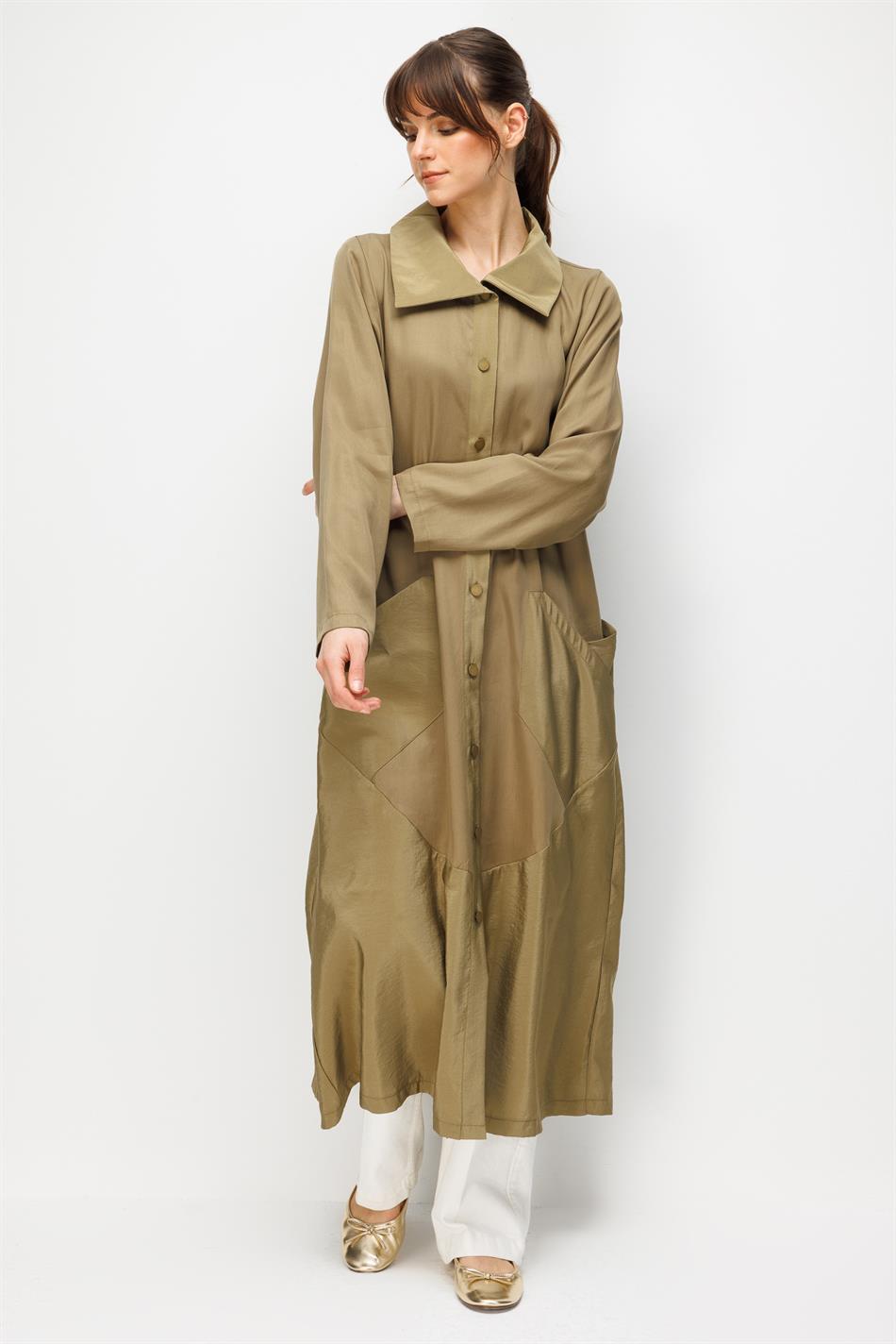 %100 Doğal LyoCELL Maxi Dökümlü Soft Kumaş Garni Kumaşlı Zamansız Kap Ferace-Haki