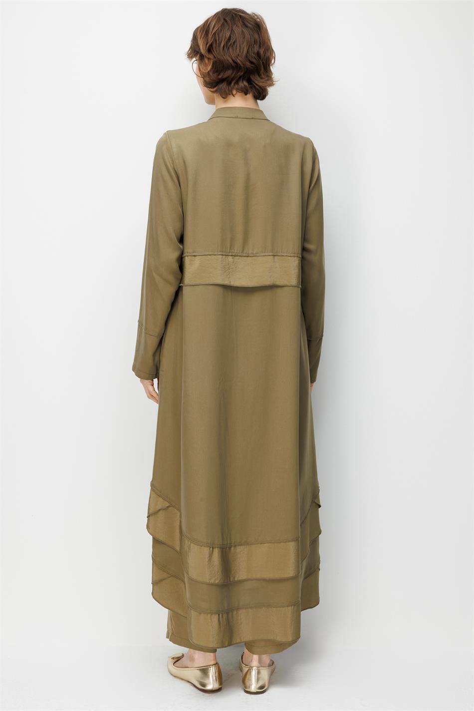%100 Doğal LyoCELL Maxi Dökümlü Soft Kumaş Aller Bant detaylı Kap Ferace-Haki