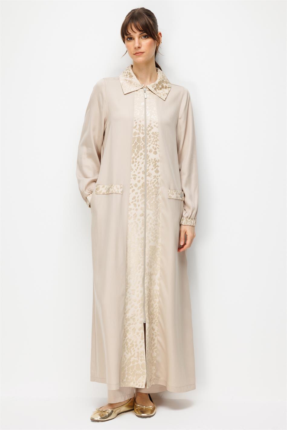 %100 Doğal LyoCELL Maxi Dökümlü Soft Kumaş ve Desen Geçişli Ferace-Taş