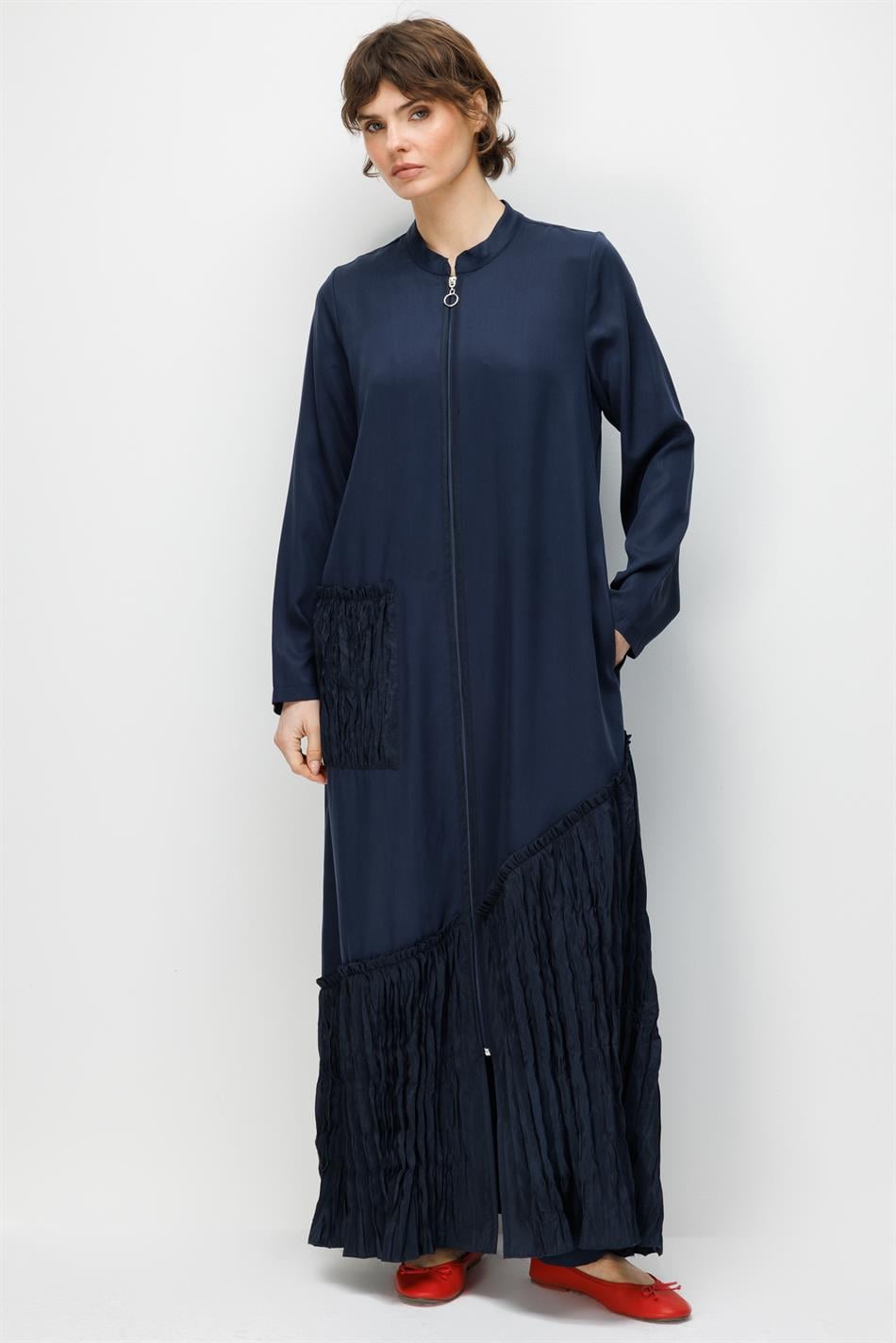 %100 Doğal LyoCELL Maxi Dökümlü Soft Kumaş Kraş Cep ve Alt Bant Detaylı Kap Ferace-Laci