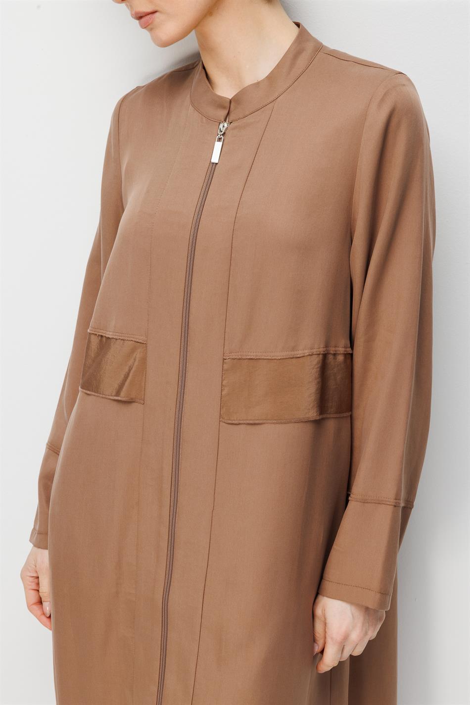 %100 Doğal LyoCELL Maxi Dökümlü Soft Kumaş Aller Bant detaylı Kap Ferace-Kahve