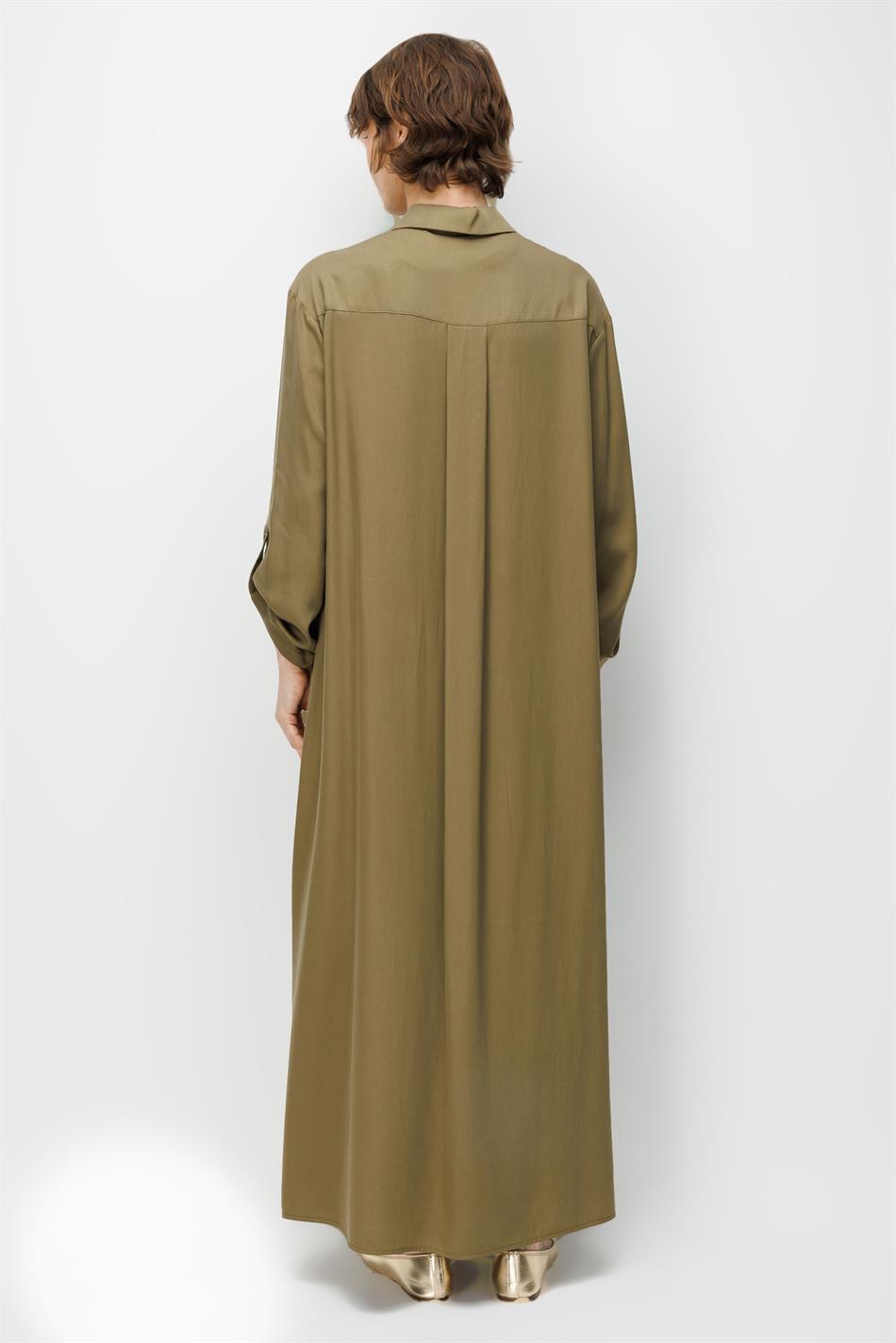 100% natuurlijke LyoCELL maxi gedrapeerde zachte stof, tijdloze sportieve abaya - kaki