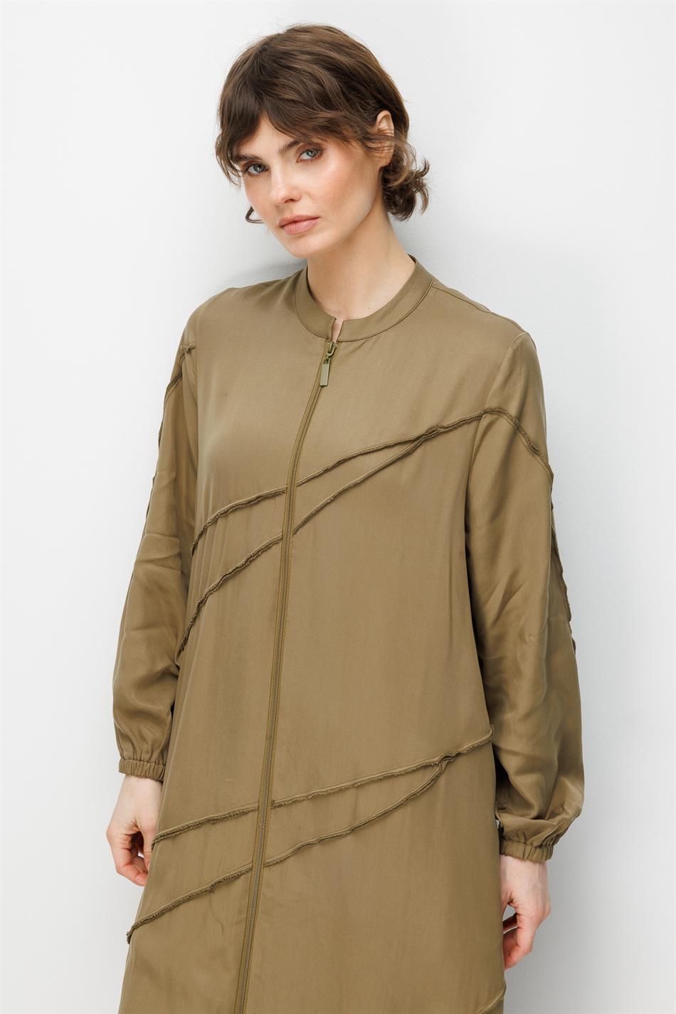 %100 Doğal LyoCELL Maxi Dökümlü Soft Kumaş Aller Ara Diikiş Detaylı Kap Ferace-Haki