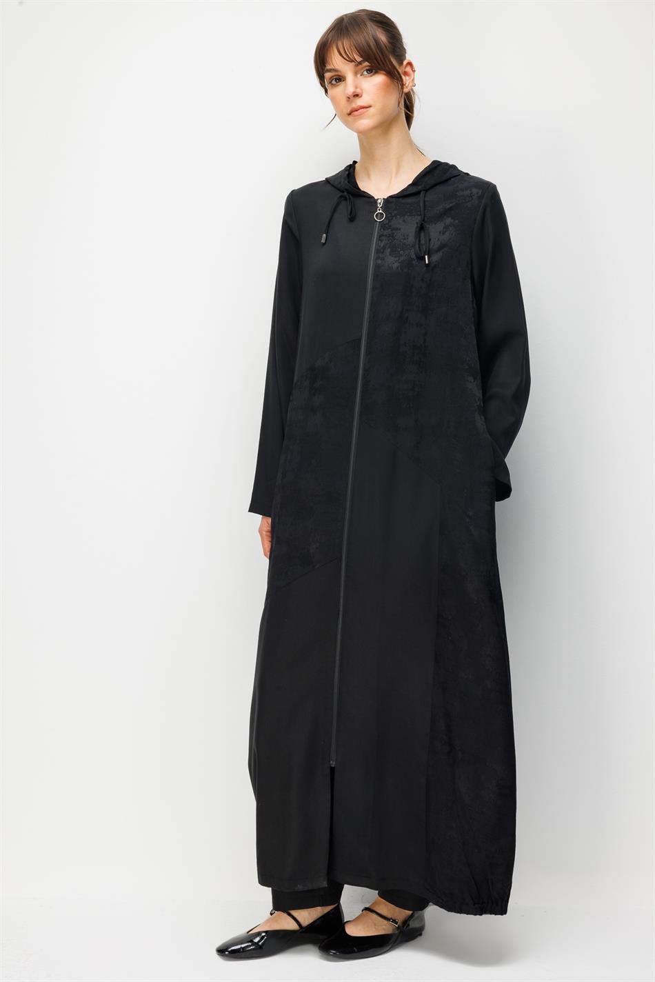 %100 Doğal LyoCELL Maxi Dökümlü Soft Kumaş Desen Geçişli Kap Ferace-Siyah